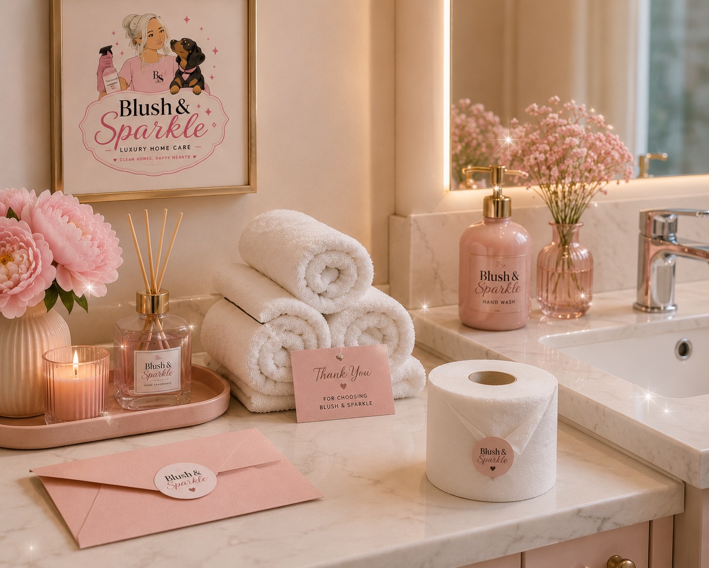 A bathroom counter set with rolled towels, a candle, a reed diffuser and a folded thank you card
